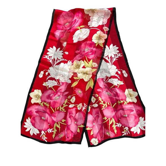 Oscar De La Renta Floral Silk Scarf With Red & Pink Flowers 12"x53" Vintage-Insp - Picture 1 of 4